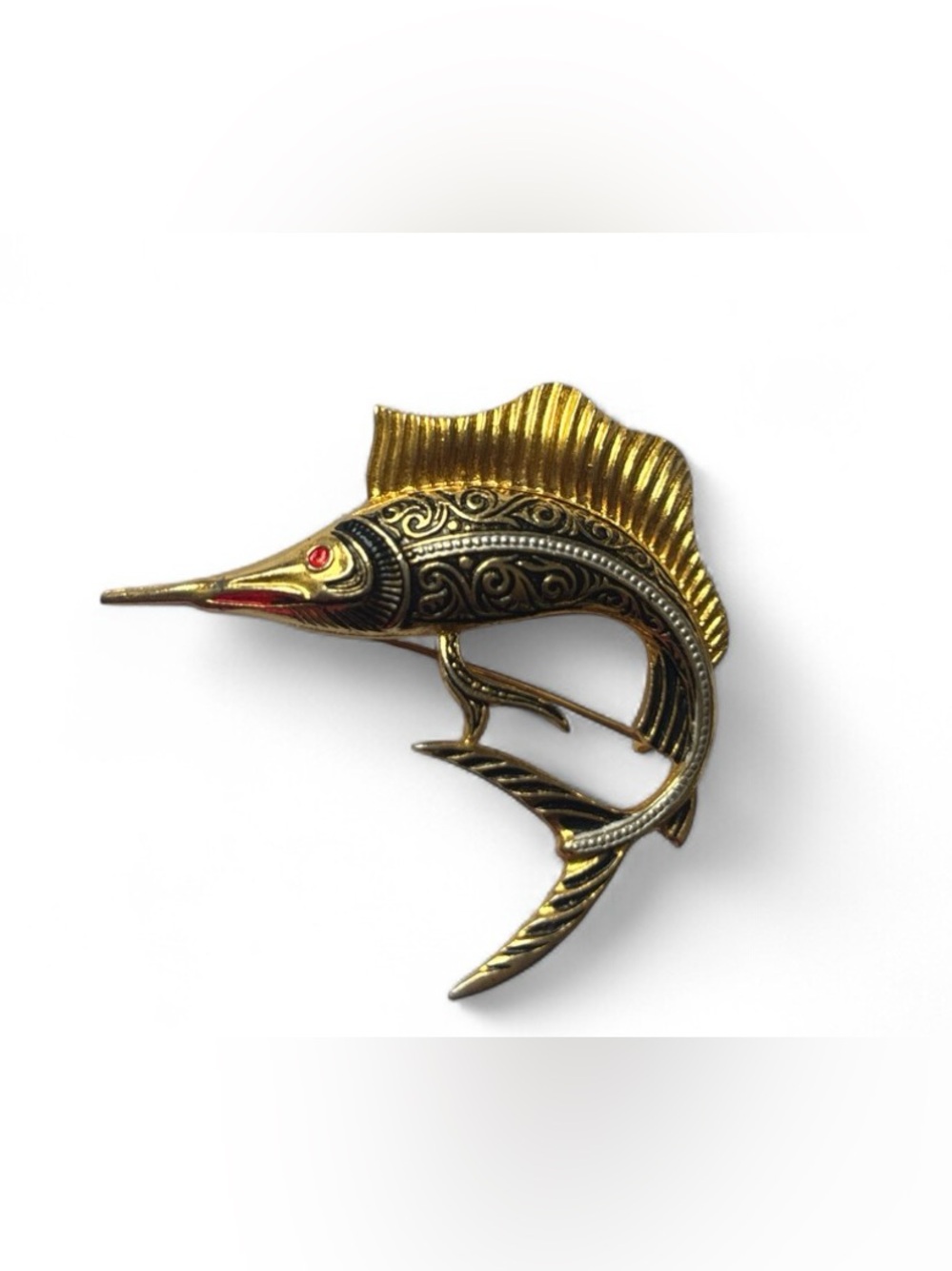 VINTAGE SPANISH DAMASCENE ENAMEL SWORDFISH BROOCH